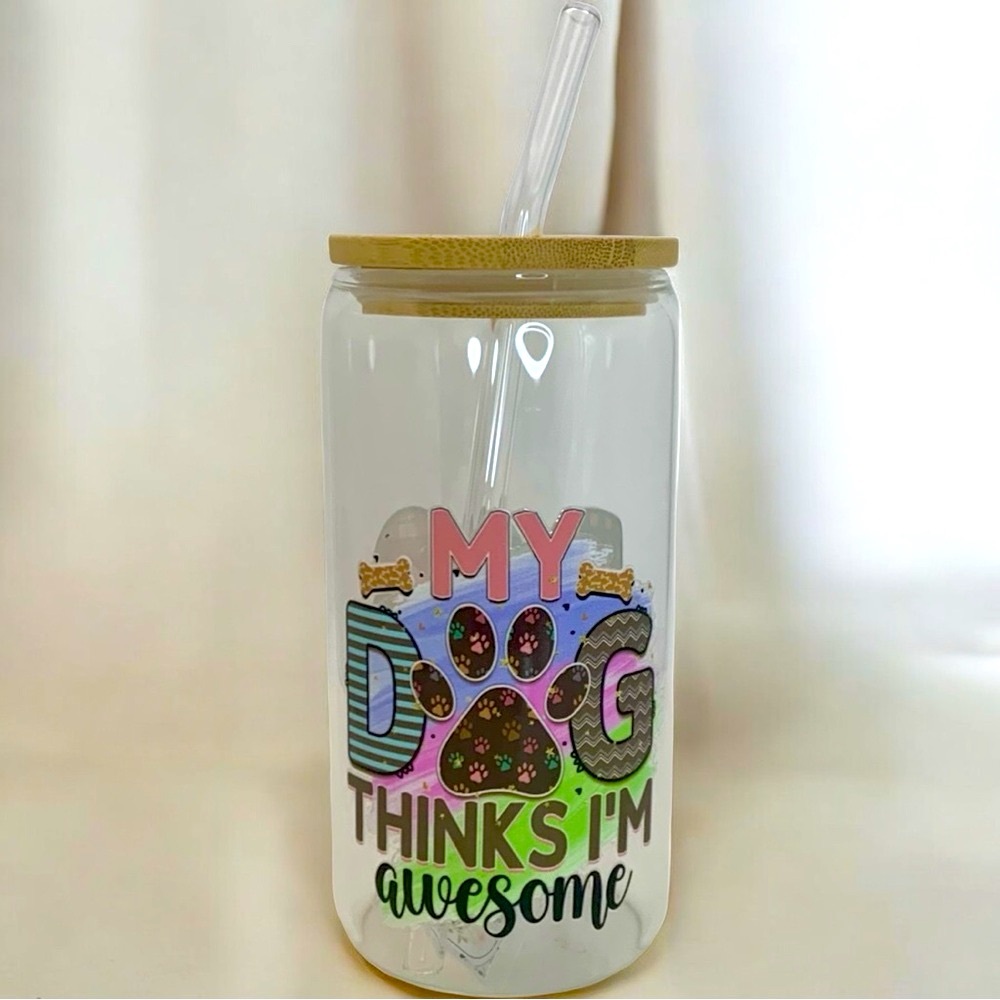 Dog-Themed ‘My Dog Thinks I’m Awesome’ ‘Dog Mama’ Glass Tumbler with straw - Picture 3 of 6